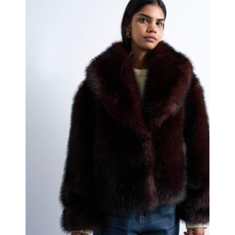Topshop faux fur boxy shawl coat in dark burgundy