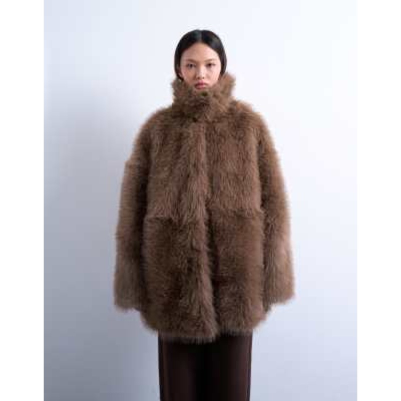 Topshop faux fur funnel neck mid-length coat in mink