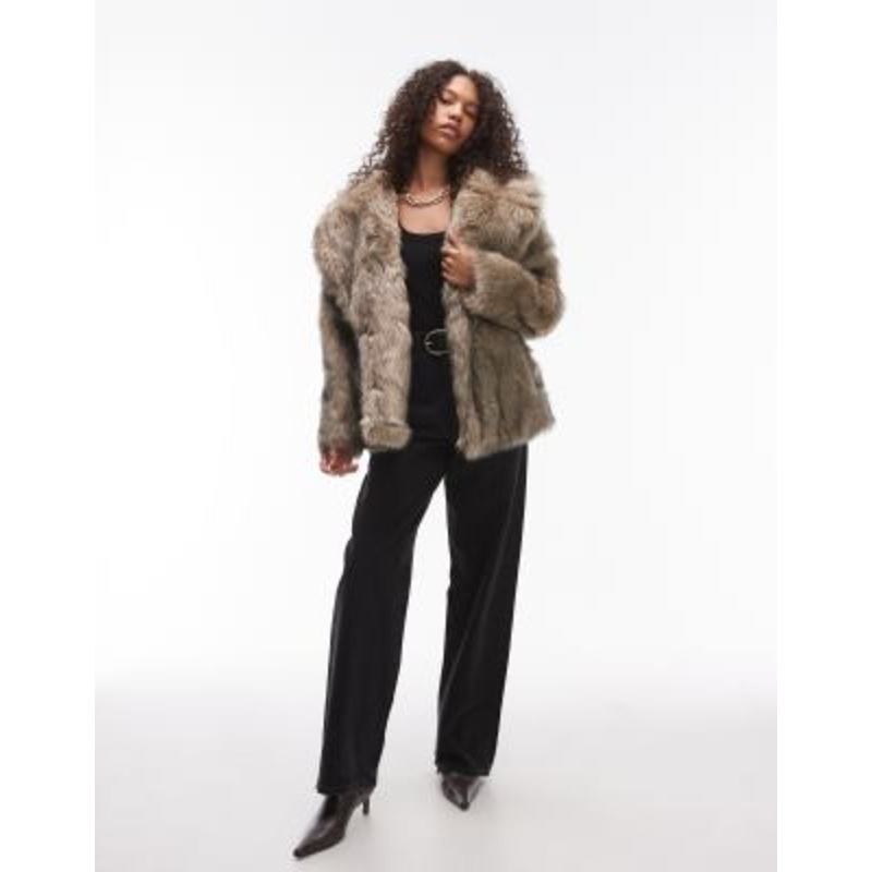 Topshop faux fur midi coat in light brown