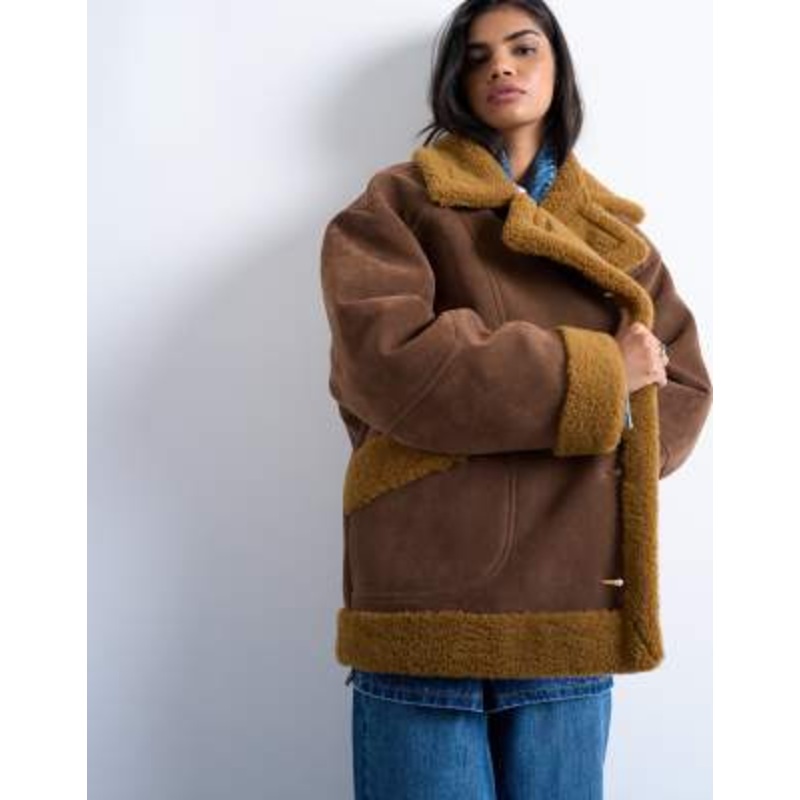 Topshop faux shearling oversized car coat in brown