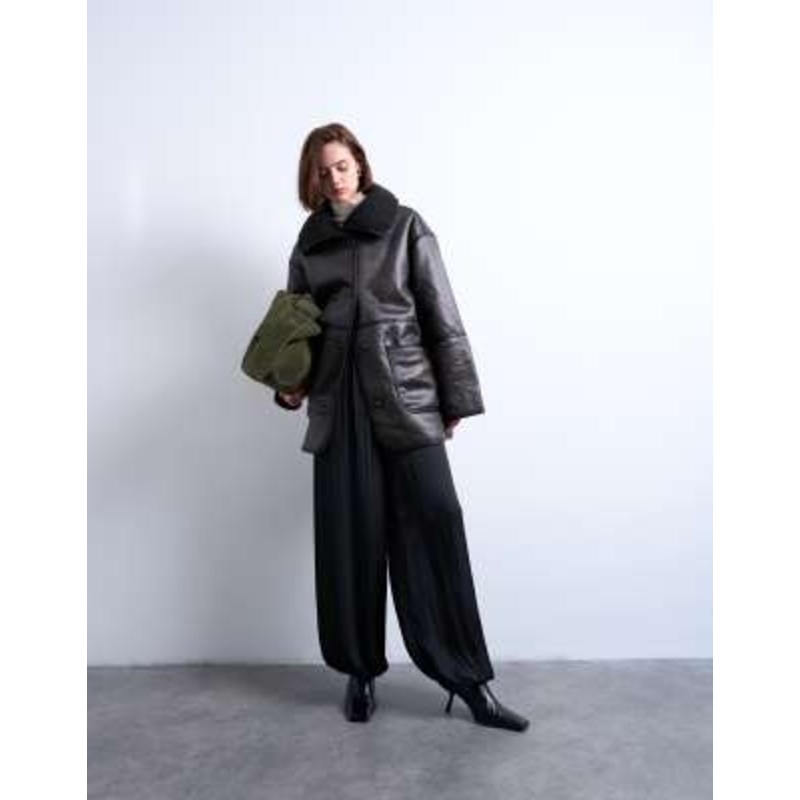 Topshop faux shearling oversized patch pockets mid length car coat in black