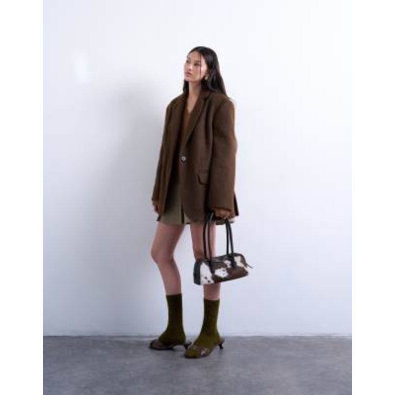 Topshop long brushed one button wool blend blazer coat in chocolate