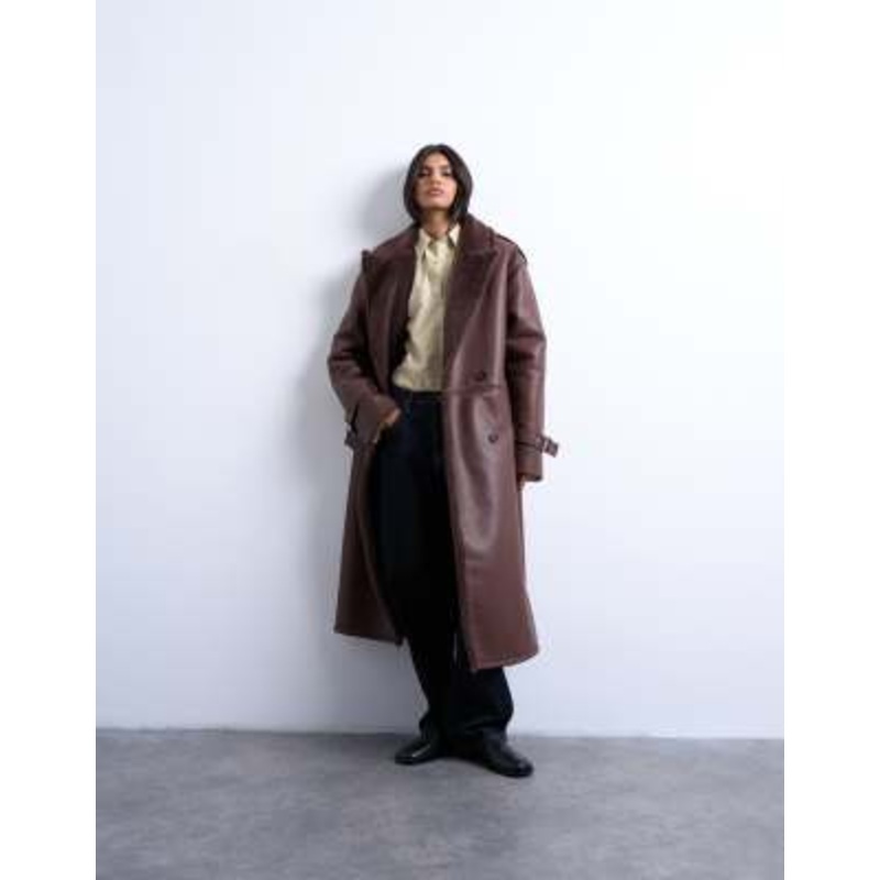 Topshop longline oversized aviator borg coat in chocolate