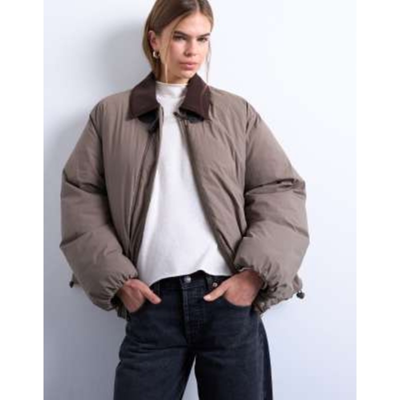 Topshop nylon padded car coat with contrast suedette collar in khaki