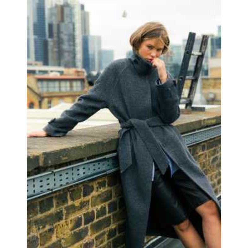 Topshop tab belted twill car coat in gray