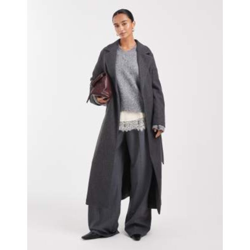 Vero Moda Petite extra long tie waist formal coat in dark gray melange