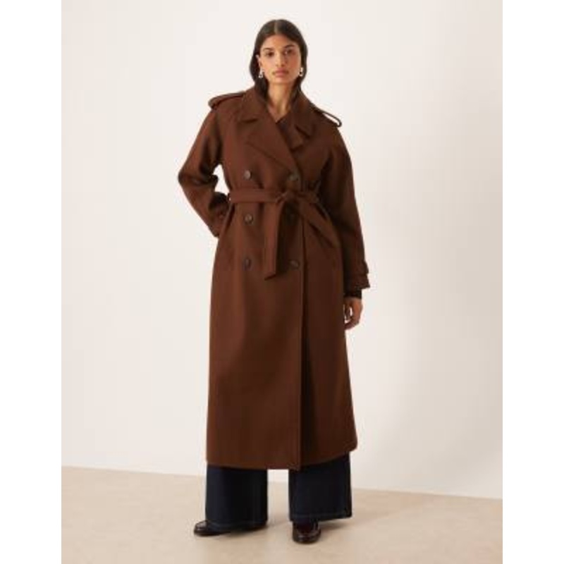 VILA heavyweight wool trench coat in chocolate brown