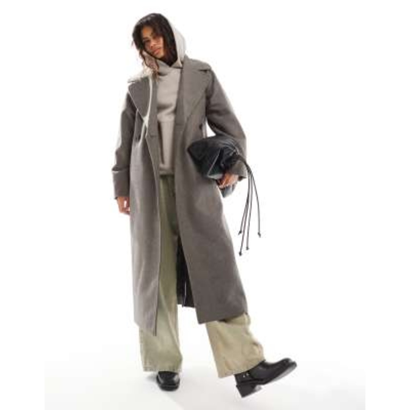 Weekday Kia wool blend oversized coat with tie waist detail in dark mole melange