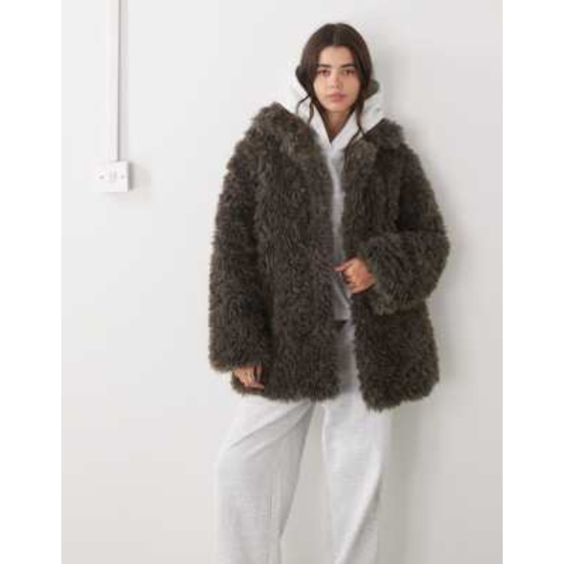 Weekday oversized faux fur coat in dark mole