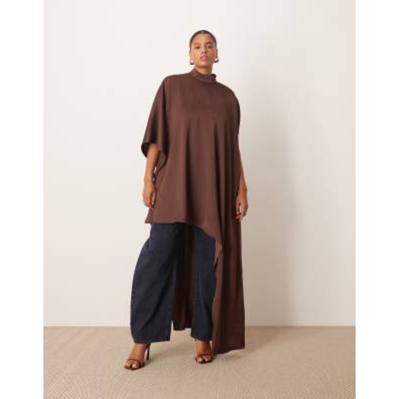 ARRANGE Curve high neck cape sleeve mini dress with asymmetric hem in chocolate