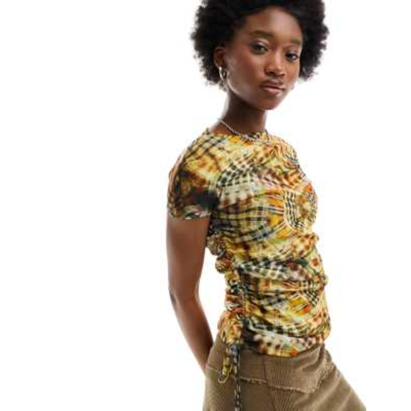 COLLUSION abstract plaid cap sleeve cut out top in multi