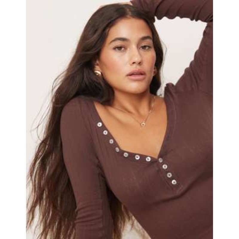 Free People coffee chat long sleeve henley top in chocolate