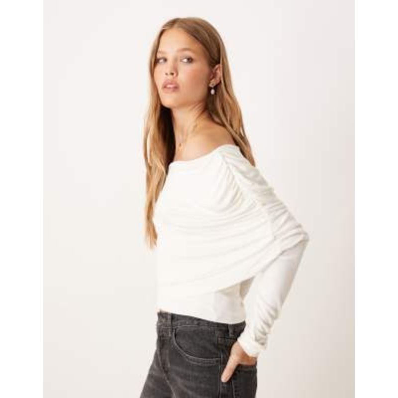 Gina Tricot long sleeve sloped drapey shoulders cape top in cream