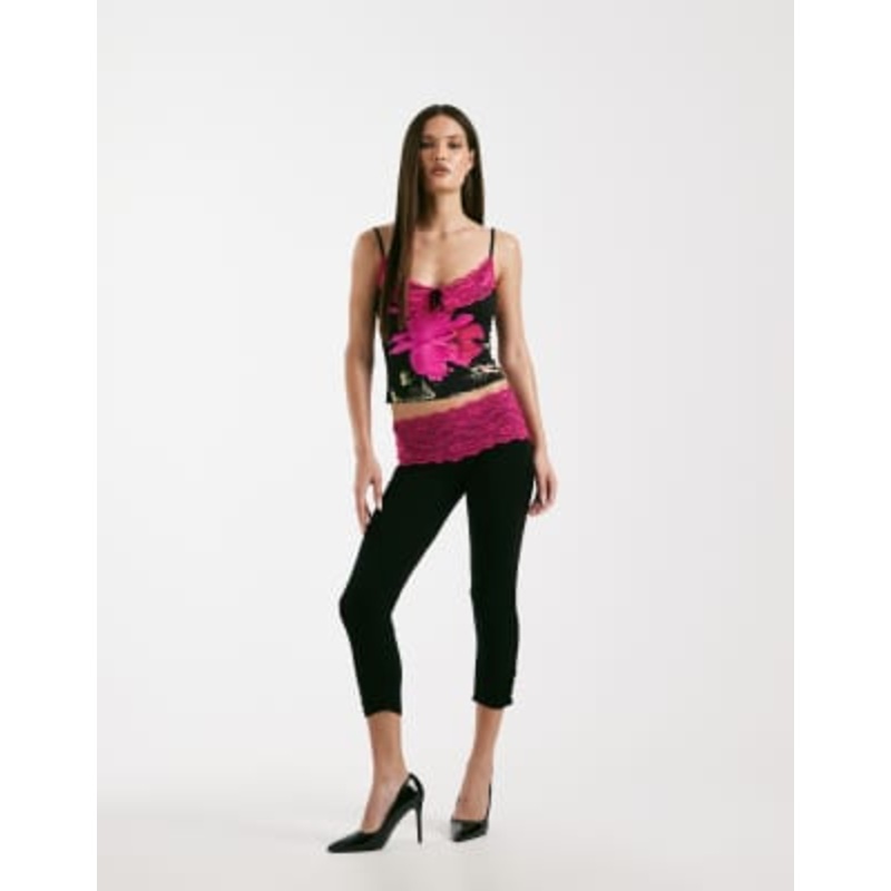 I.AM.GIA Adella super soft jersey contrast lace trim capri pants in black and pink – part of a set