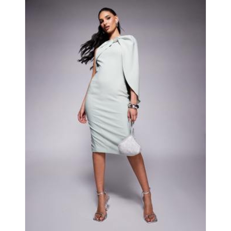 Lavish Alice one-shoulder embellished bow cape midi dress in sage