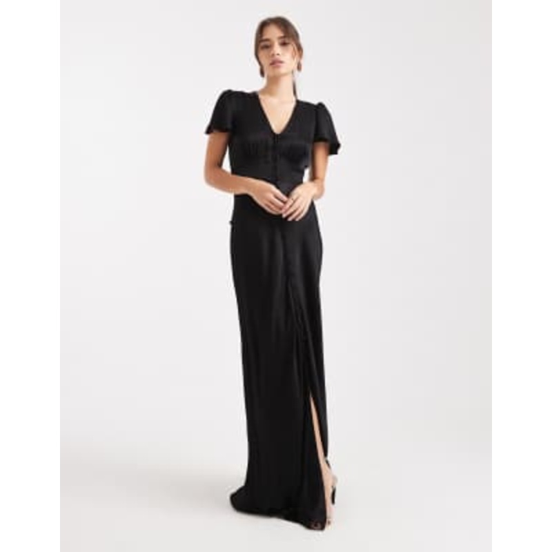 Maids to Measure Bridesmaid cap sleeve button front maxi dress in black
