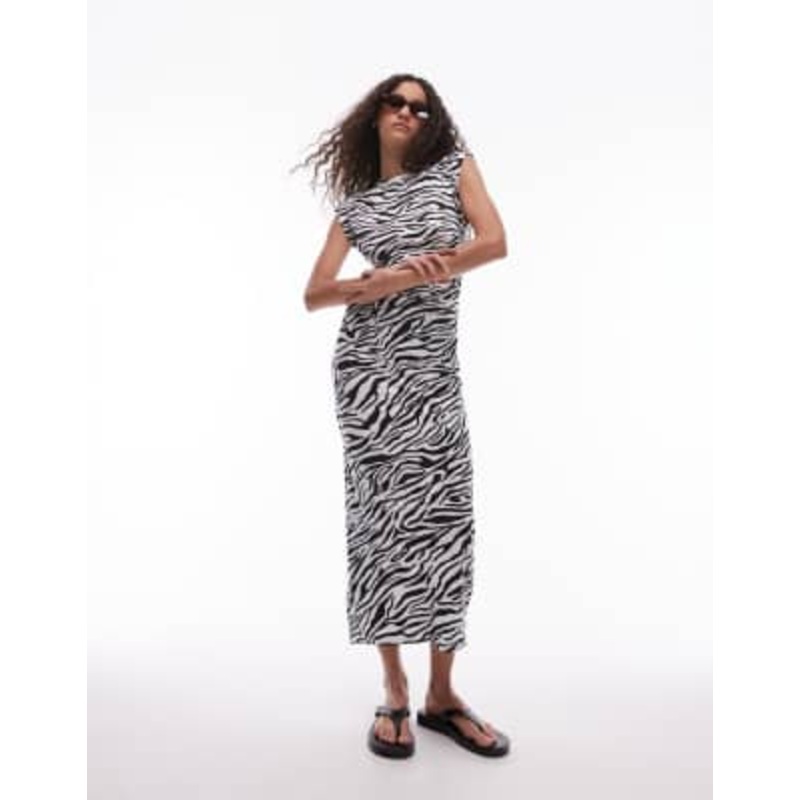 Mango zebra cap sleeve midi dress in white