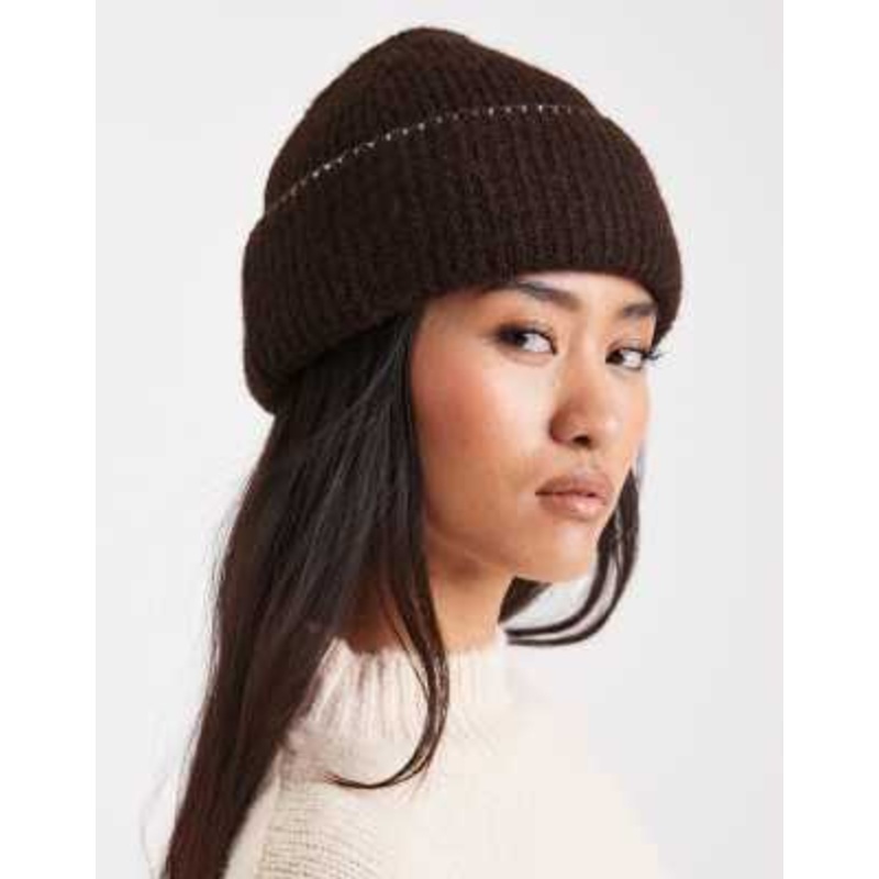 Miss Selfridge beanie hat with cream blanket-stitch detailing in chocolate