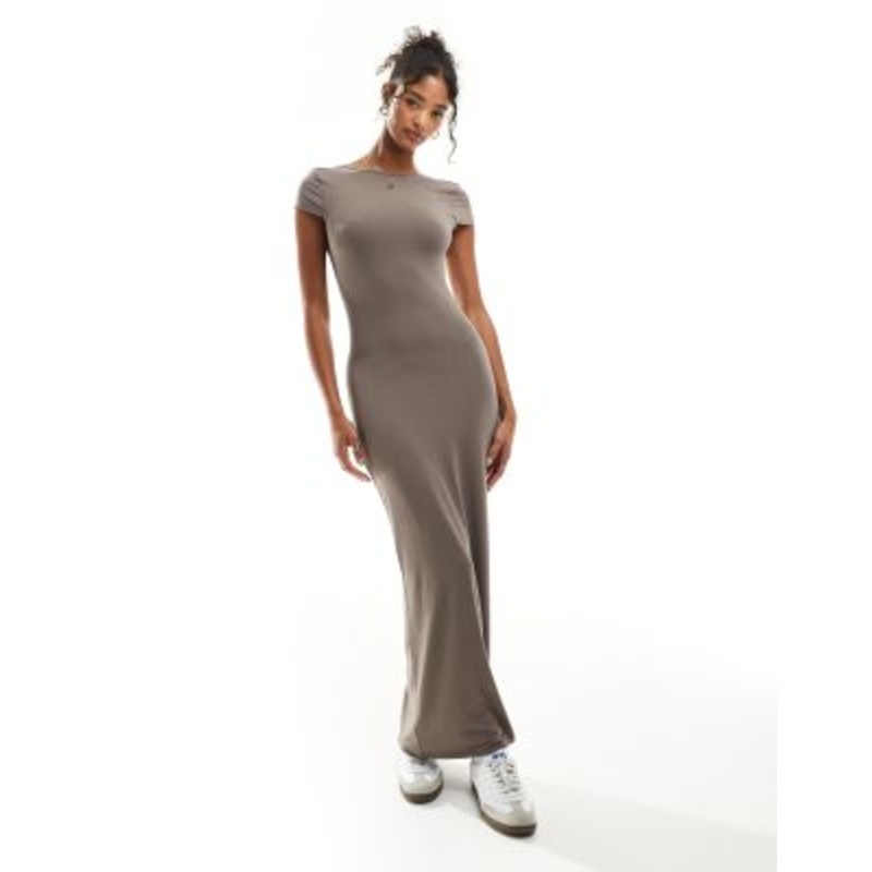 Miss Selfridge cap sleeve backless maxi dress in neutral