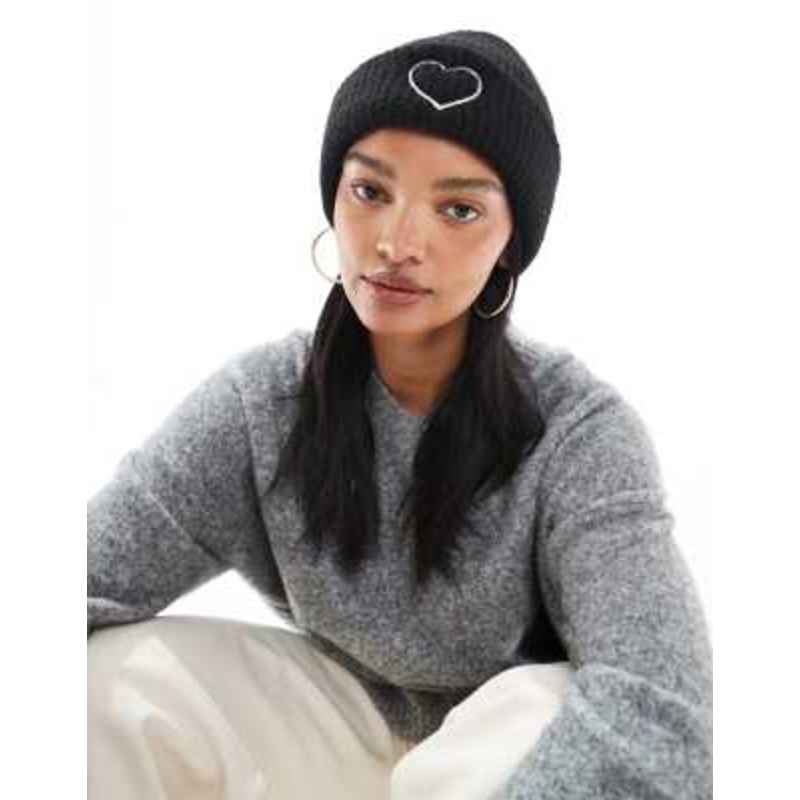 Miss Selfridge knit beanie hat with heart embroidery in black