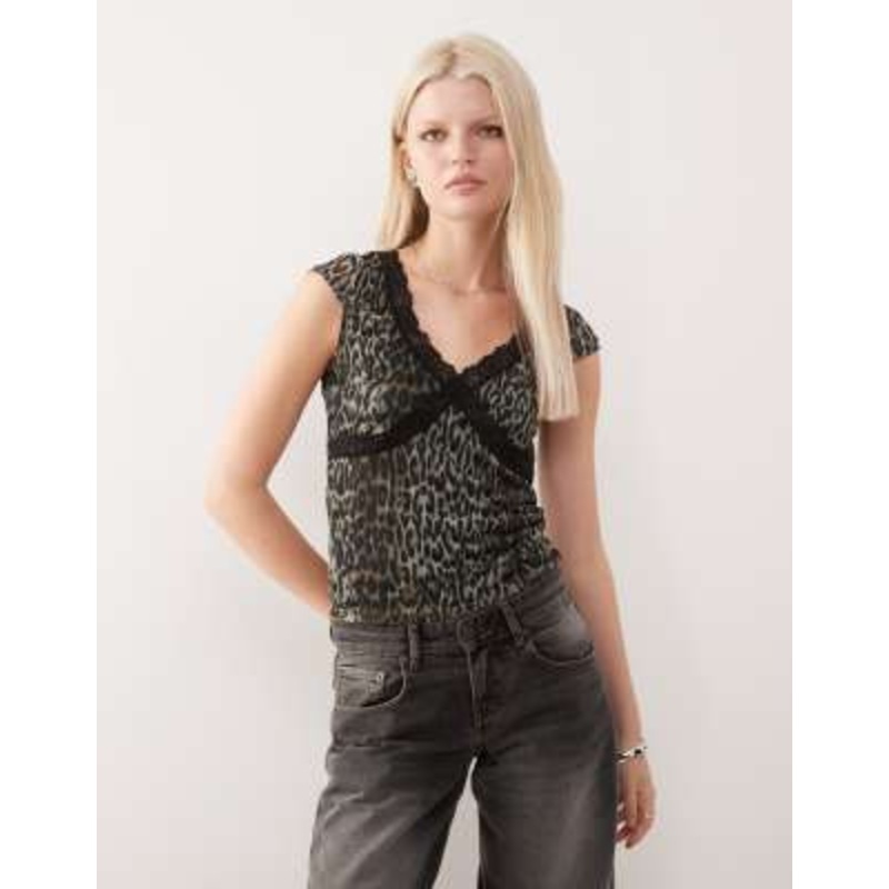 Noisy May cap sleeve mesh top with lace edge in leopard