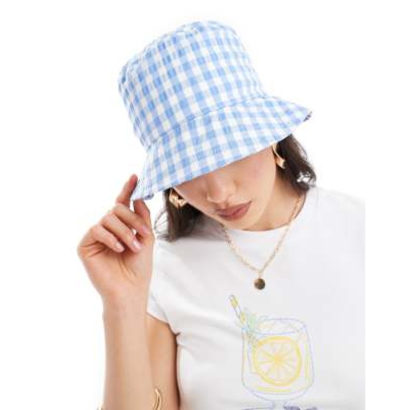 & Other Stories straw bucket hat in blue and white gingham