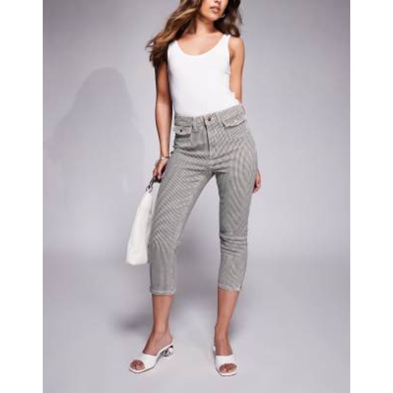 River Island gingham denim capri pants in black