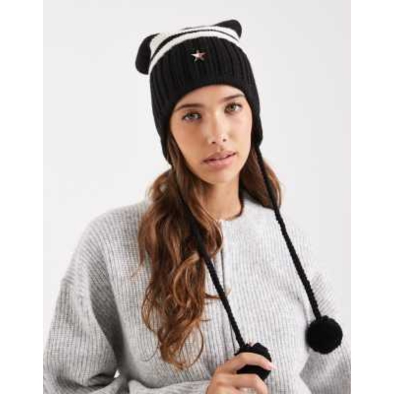 Tommy Jeans tommy girl chunky knit hat with pom ties in black