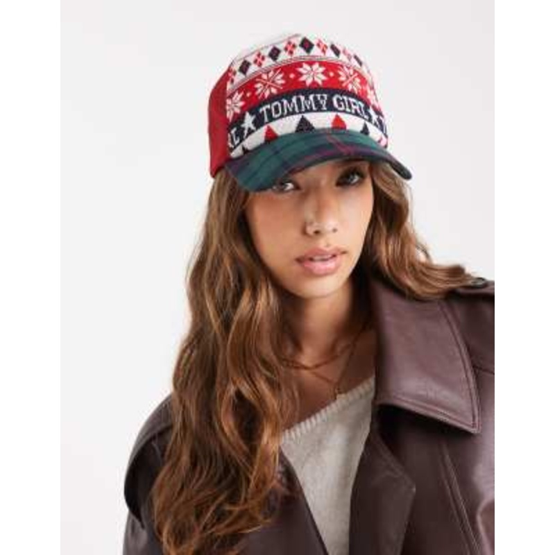Tommy Jeans tommy girl fair isle & tartan trucker cap in red