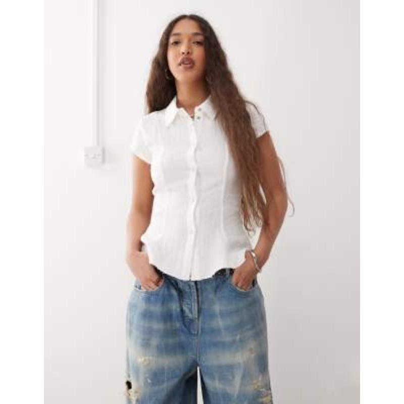 Weekday crinkle cap sleeve shirt in off white