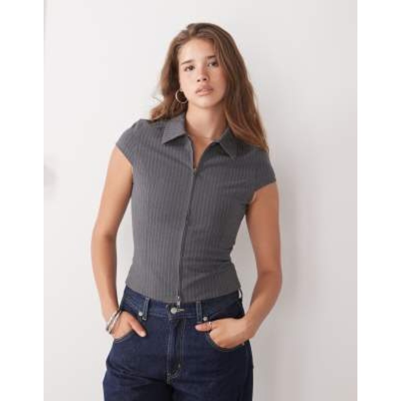 Weekday zip through top with cap sleeves in dark gray pinstripe