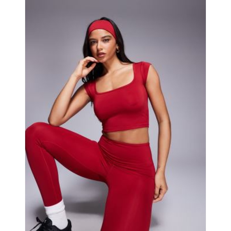 4505 active square neck cap sleeve top in cherry red