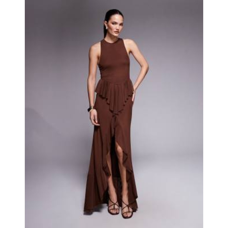 AFRM Bovina mesh drop hem ruffle maxi dress in cappuccino