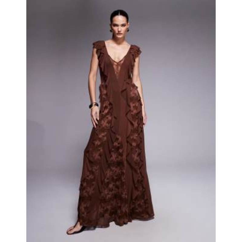 AFRM Trista lace insert ruffle maxi dress in cappuccino