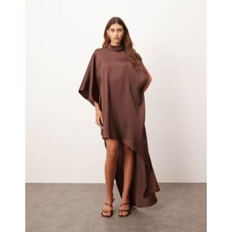 ARRANGE high neck cape sleeves mini dress with asymmetric hem in chocolate