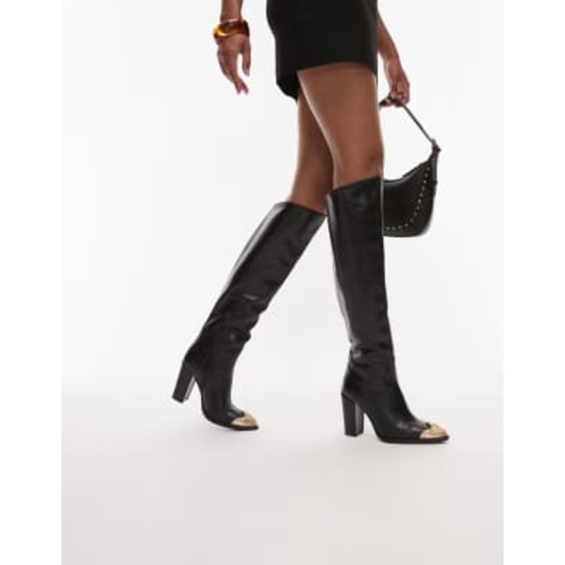 Bronx toe cap detail knee boots in leather black