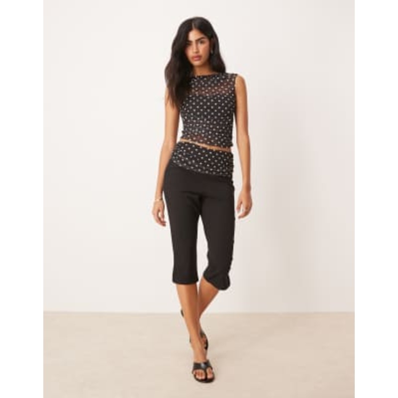 DESIGN gathered short sleeve off the shoulder mesh top and capri pants set in black polka dots