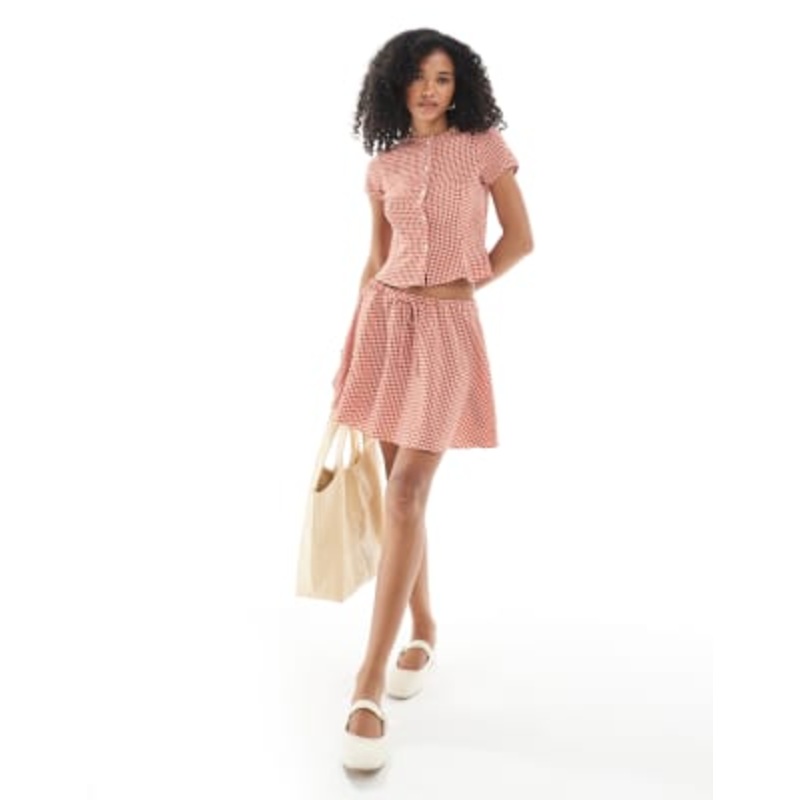 DESIGN slim fitting cap sleeve blouse in red gingham – part of a set