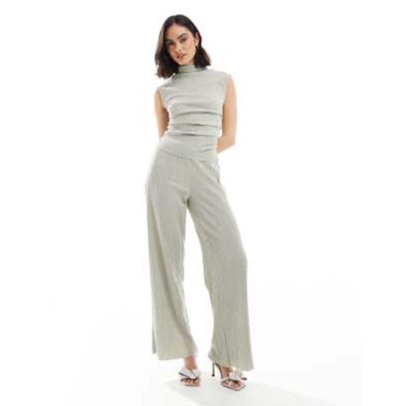 DESIGN textured ruched cap sleeve top and wide leg pants set in gray