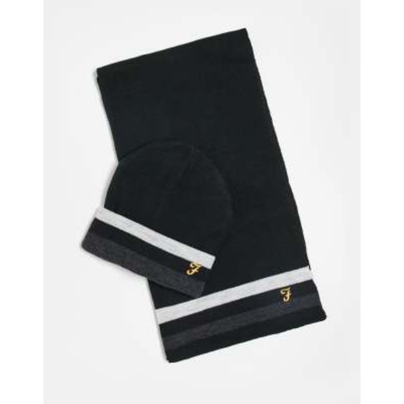 Farah Slate knitted stripe logo hat, scarf and gloves set in black