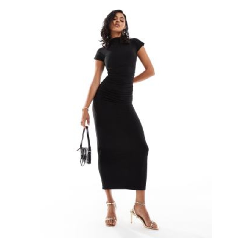 Kaiia exclusive double layered slinky high neck cap sleeve bodycon maxi dress in black