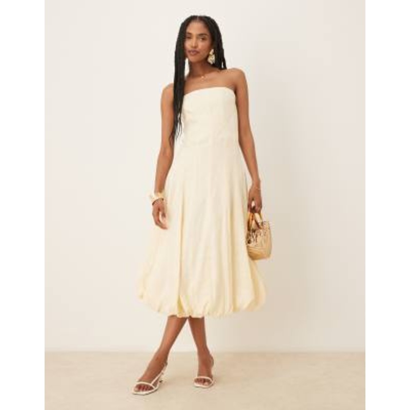 Mango capsule linen bandeau structured midi dress in buttermilk