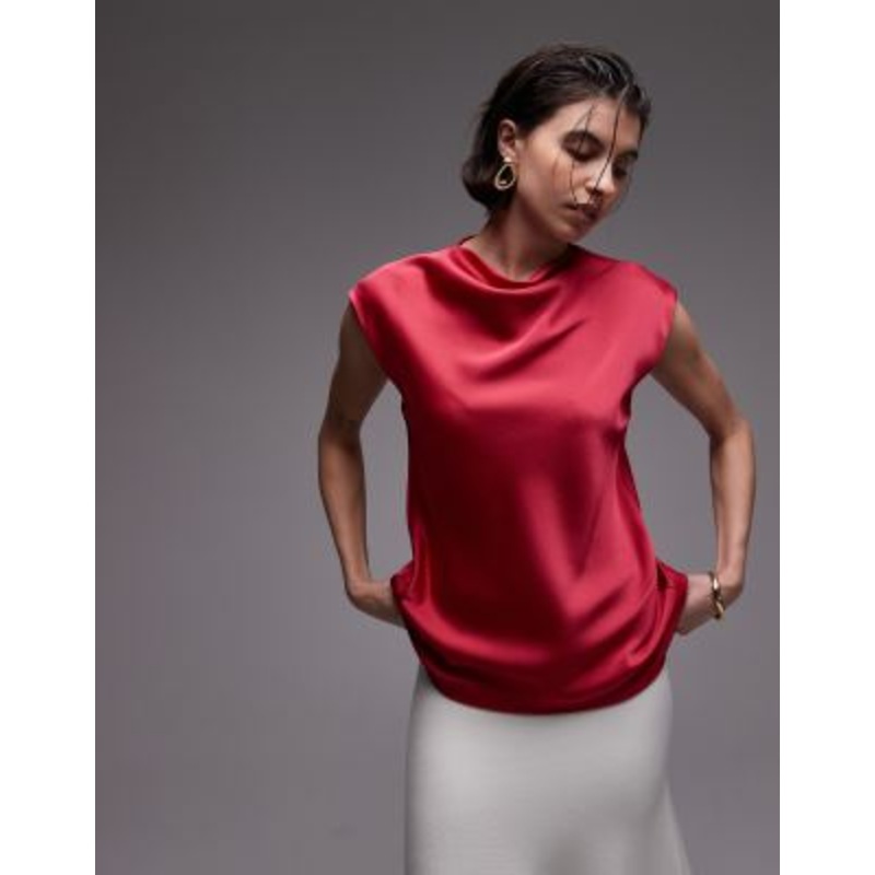 Mango satin drape neck cap sleeve top in raspberry