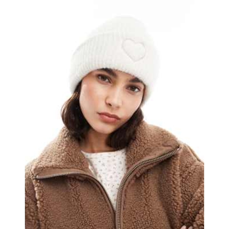 Miss Selfridge knit beanie hat with heart embroidery in cream