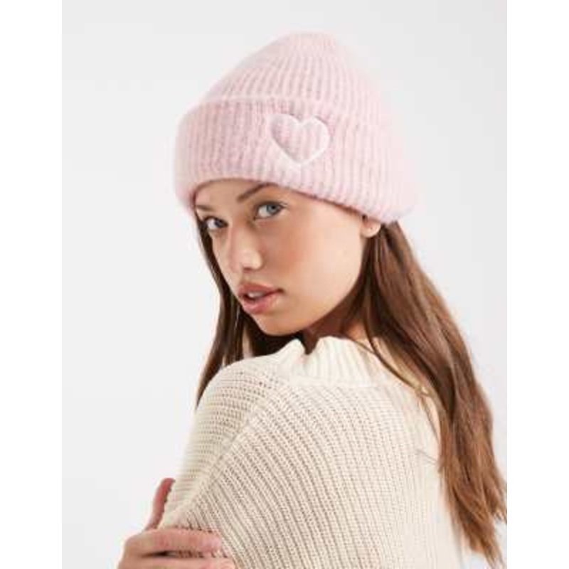 Miss Selfridge knit beanie hat with heart embroidery in soft pink