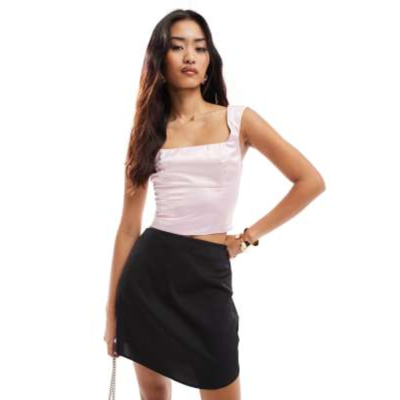 Miss Selfridge satin cap sleeve tie back corset top in light pink – part of a set