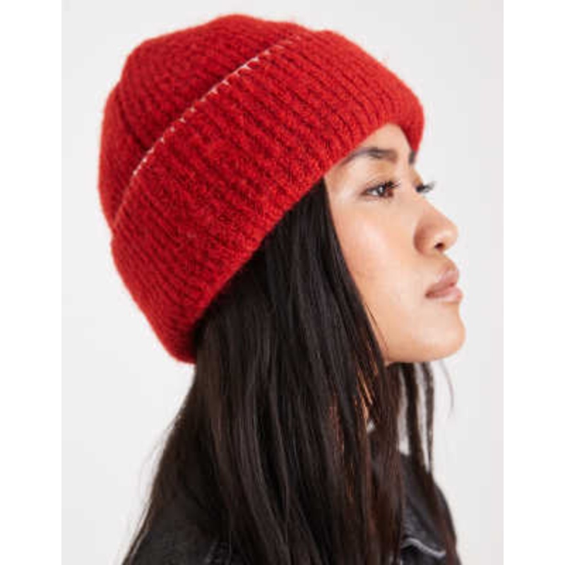 Miss Selfridge wool beanie hat with blanket stitch detail in red with soft pink stitching