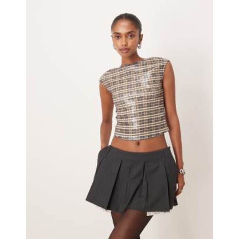 Motel erica cap sleeve top in sequin vintage style plaid