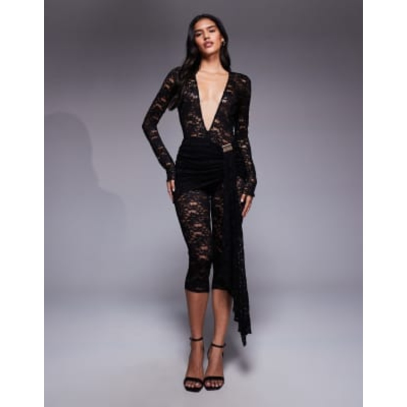 Murci sheer lace plunge neck drape detail capri jumpsuit in black