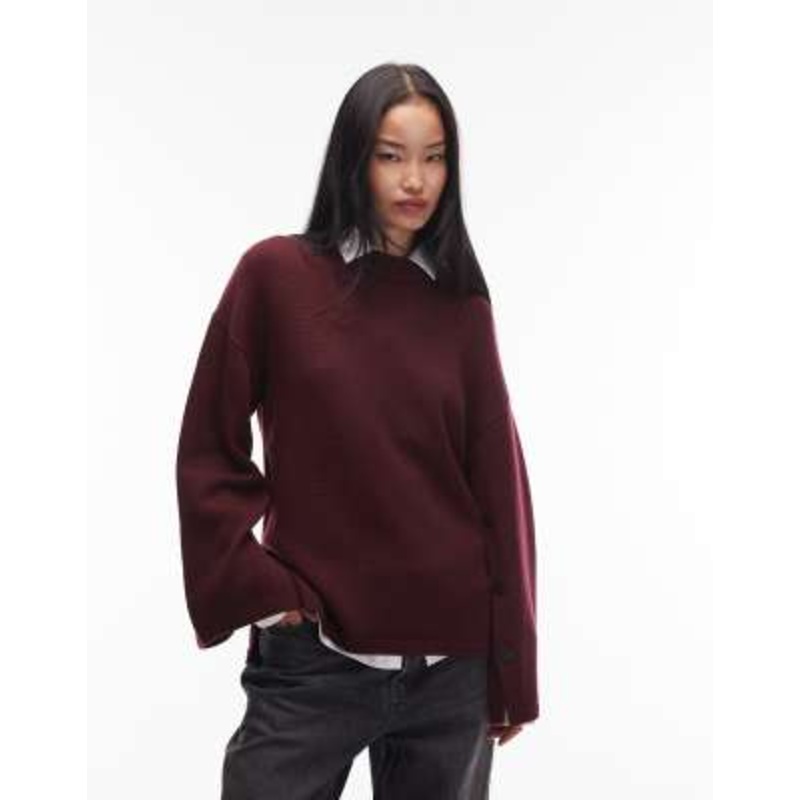 & Other Stories pure wool sweater with button cape sleeves in burgundy wine